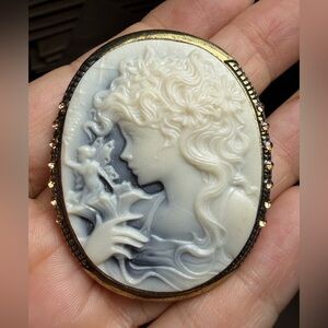 Vintage Carved Cameo Pendant Gold Tone Frame Fairy Lady